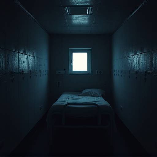 Celda de Aislamiento oscura con una cama y una pequeña ventana.