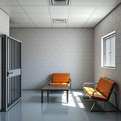 Interior de una celda penitenciaria moderna con mobiliario básico y luz natural.